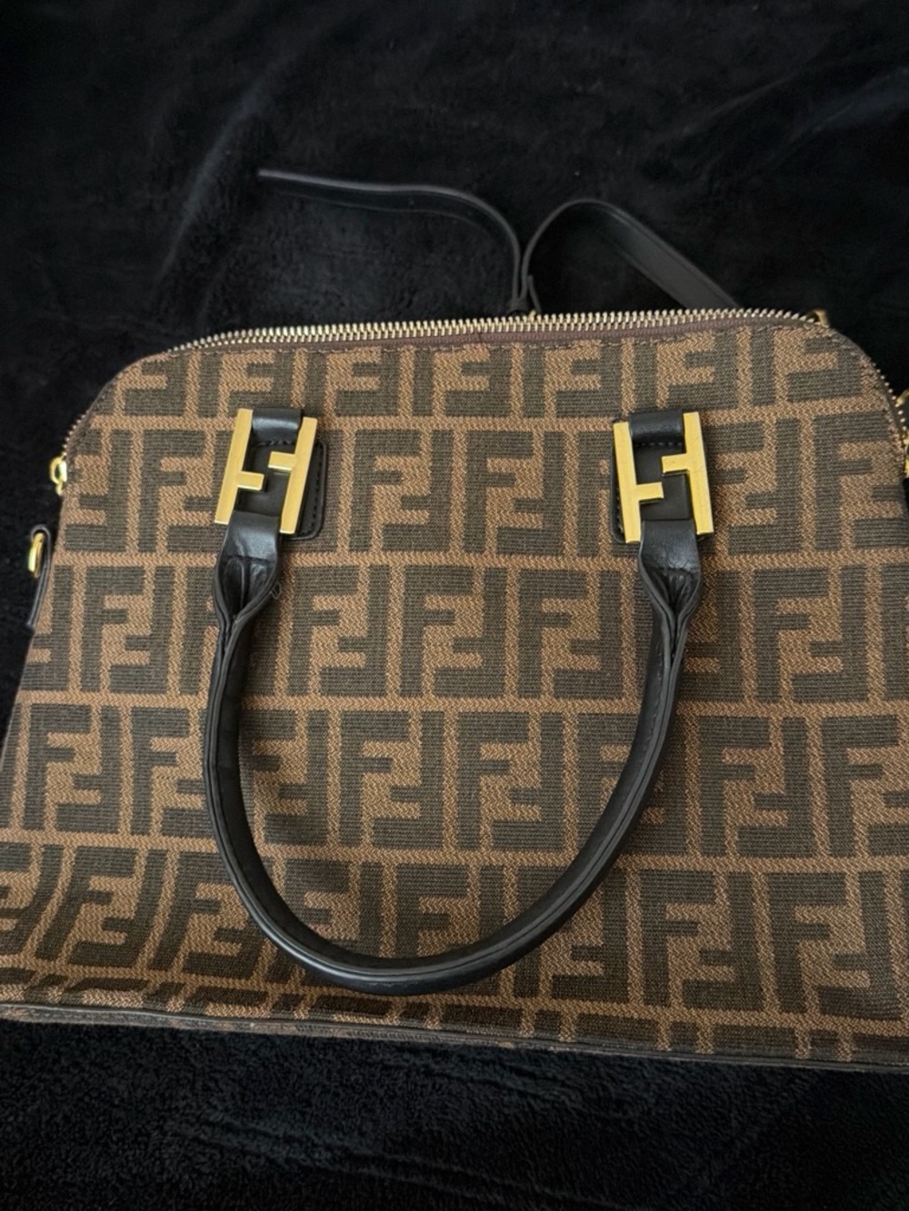 Fendi Brown Monogram Satchel with Black Handles and Gold Hardware